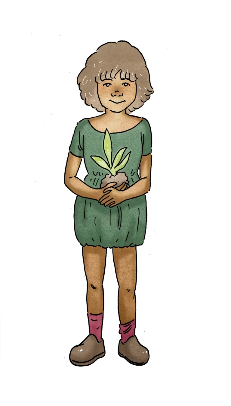 bambina con pianta luminosa sostenibilità ecologia disegno acquerello